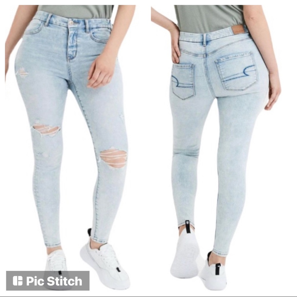 American Eagle curvy hi rise icy blue distressed next level stretch jegg…